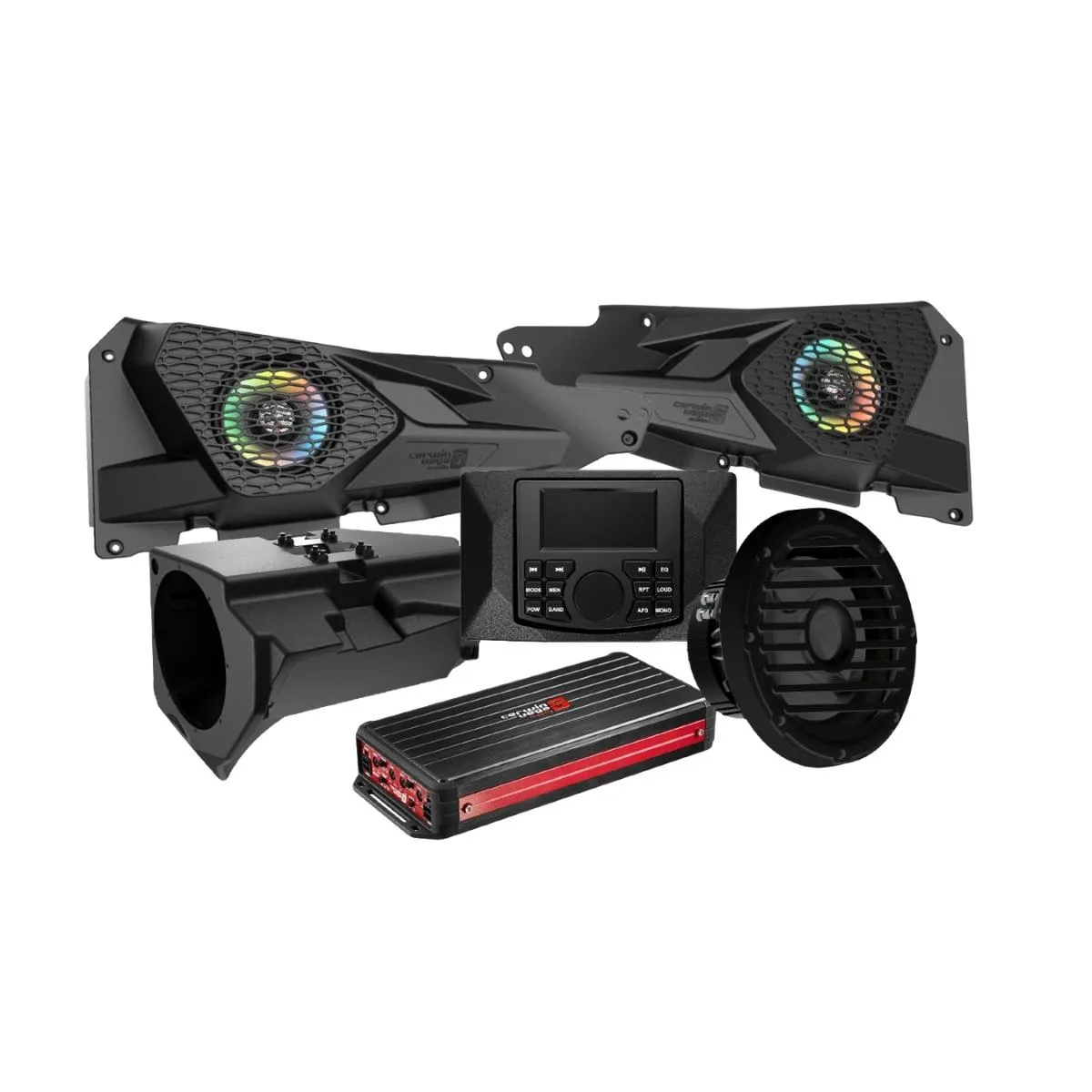 2014  RZR XP Front Speaker Kit with 4 Ch Digital Amplifier, CMR3 Media Audio Player, and 10” Sealed Marine Subwoofer - RPMRZRKD22