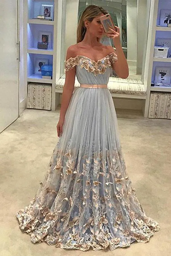 A-Line Off-the-Shoulder Light Sky Blue Tulle Prom Dress with Appliques PG816