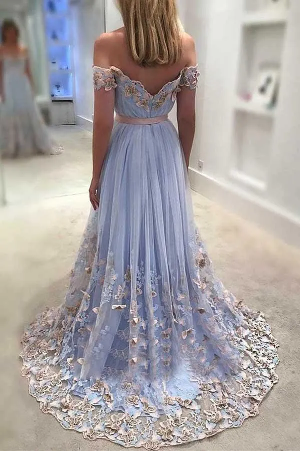 A-Line Off-the-Shoulder Light Sky Blue Tulle Prom Dress with Appliques PG816