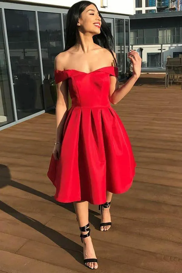 A-Line Off-the-Shoulder Pleated Red Satin Homecoming Dress PD313