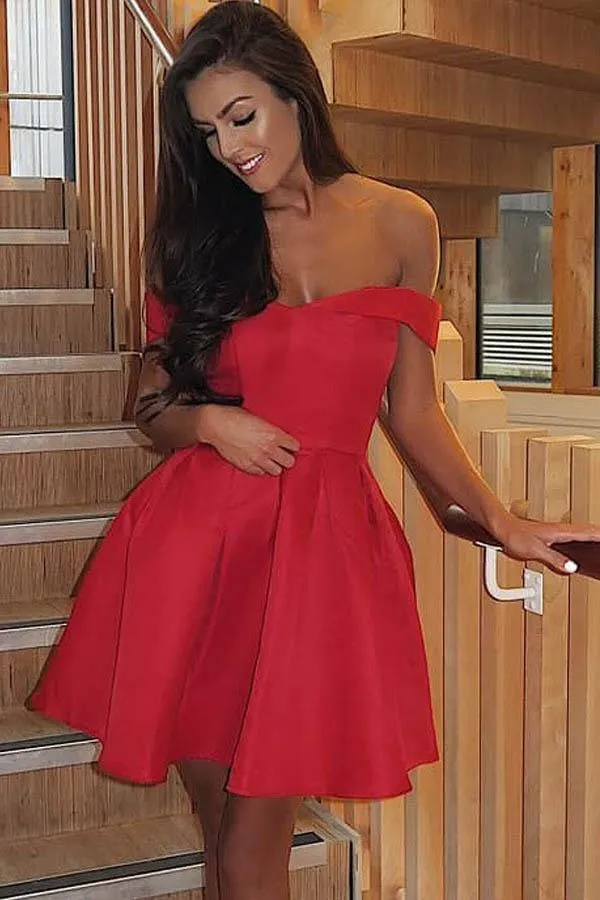 A-Line Off-the-Shoulder Pleated Red Satin Homecoming Dress PD313