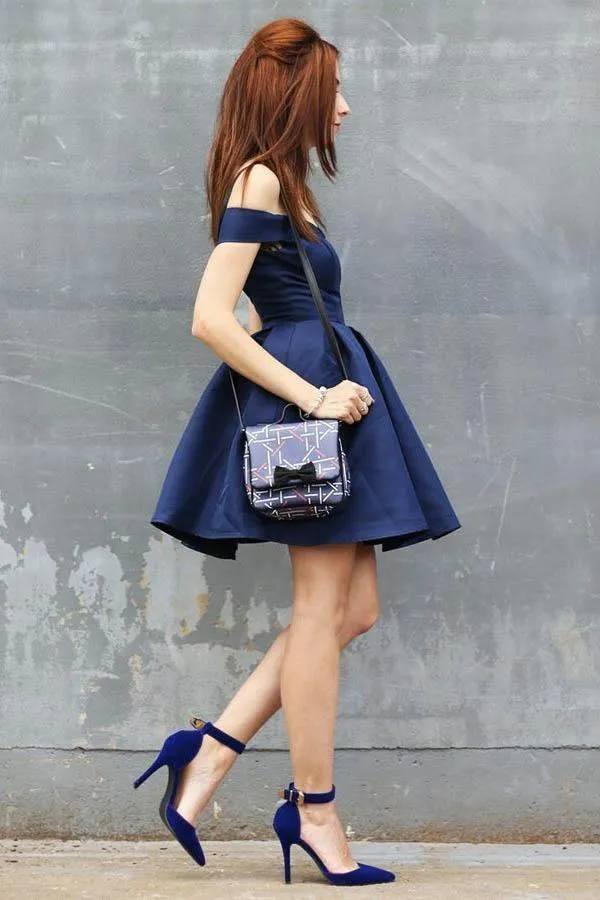 A-Line Off-the-Shoulder Short Navy Blue Satin Sleeveless Homecoming Dress  PD404