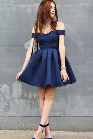 A-Line Off-the-Shoulder Short Navy Blue Satin Sleeveless Homecoming Dress  PD404