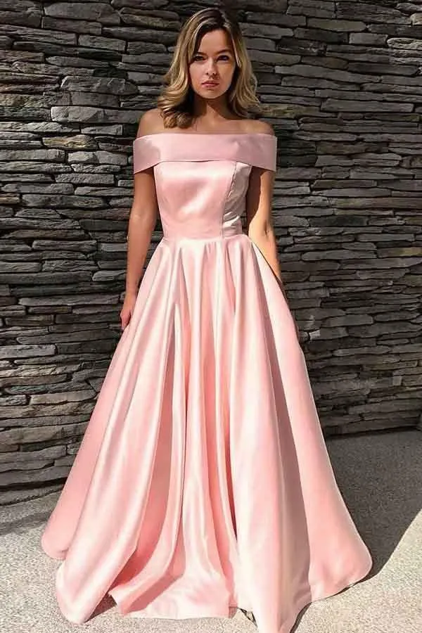 A-Line Off-the-Shoulder Sweep Train Pink Satin Prom Dress with Pockets PG668