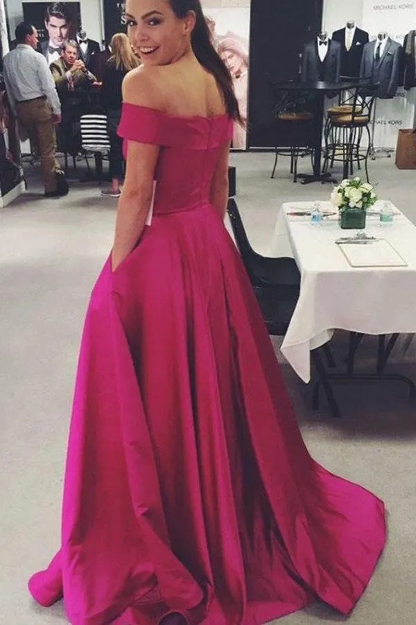 A-Line Off-the-Shoulder Sweep Train Pink Satin Prom Dress with Pockets PG668