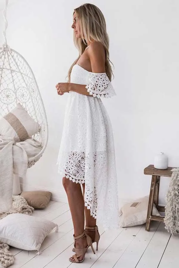 A-Line Straps Off-the-shoulder High Low White Lace Homecoming Dress  PD013