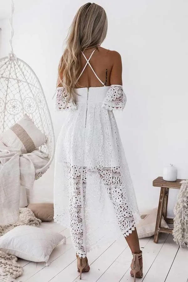 A-Line Straps Off-the-shoulder High Low White Lace Homecoming Dress  PD013