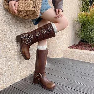 All Leather Tall Boots For Women With Buckles Western Cowboy Boots Riding Boots Big Square Toe