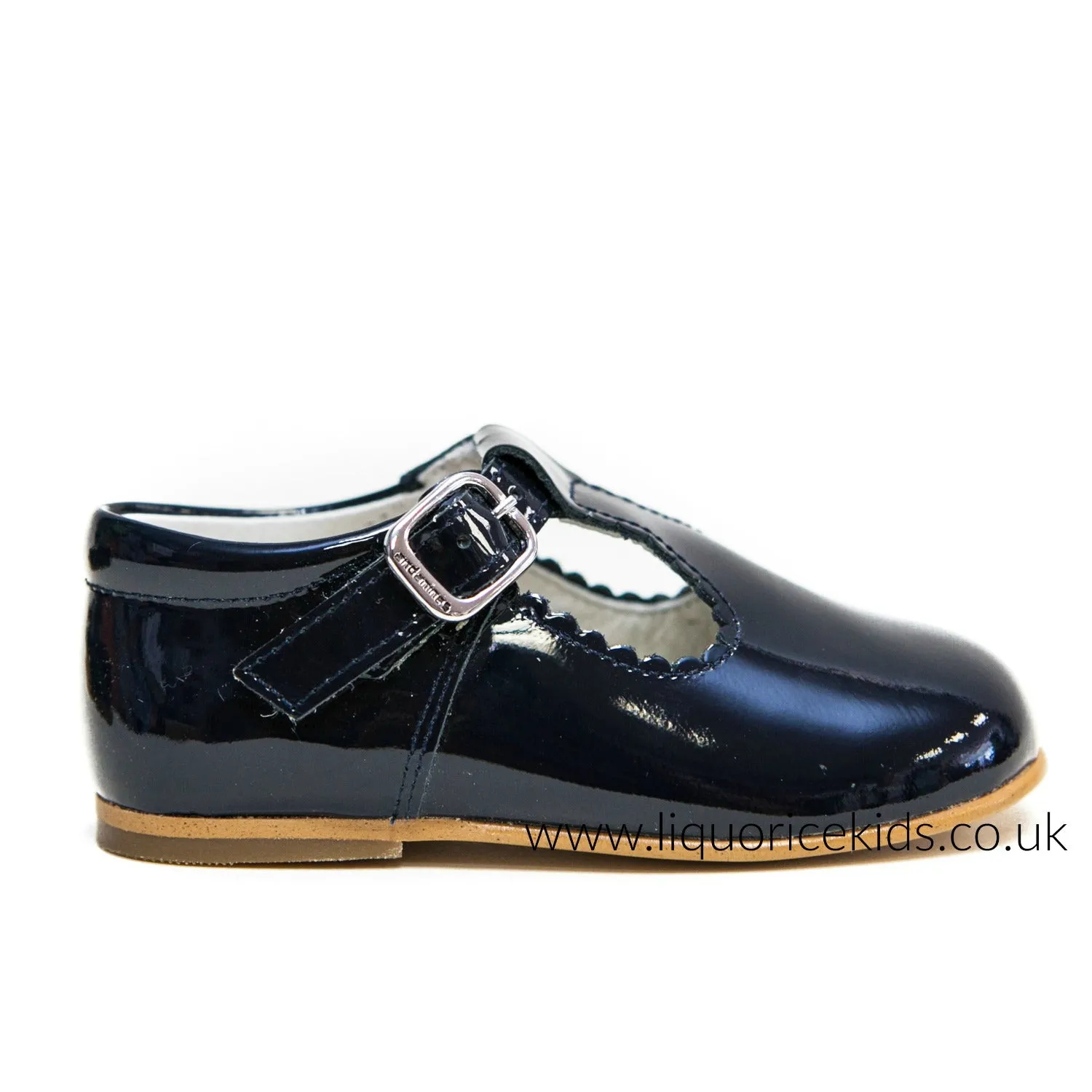 Andanines Patent Leather Navy T-Bar with Scallop Edging