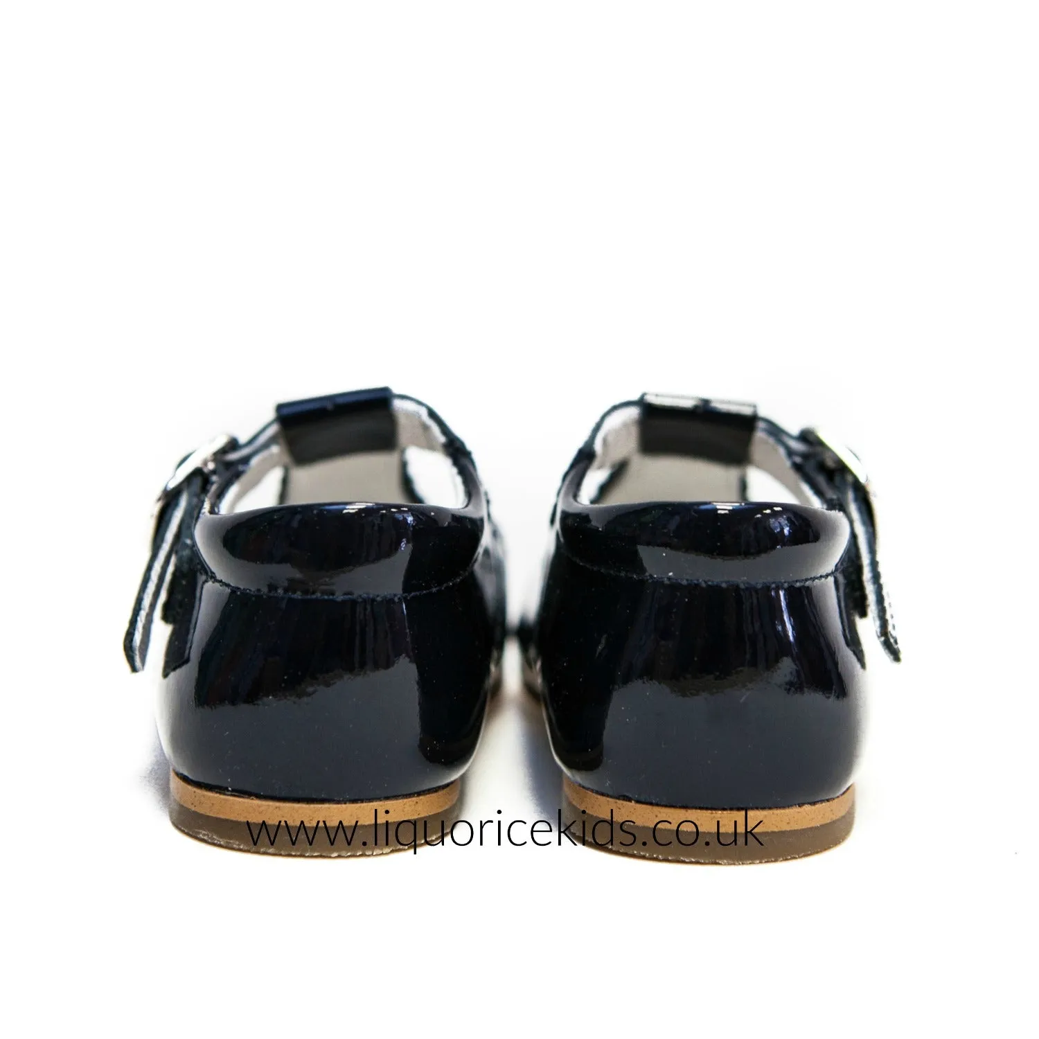 Andanines Patent Leather Navy T-Bar with Scallop Edging