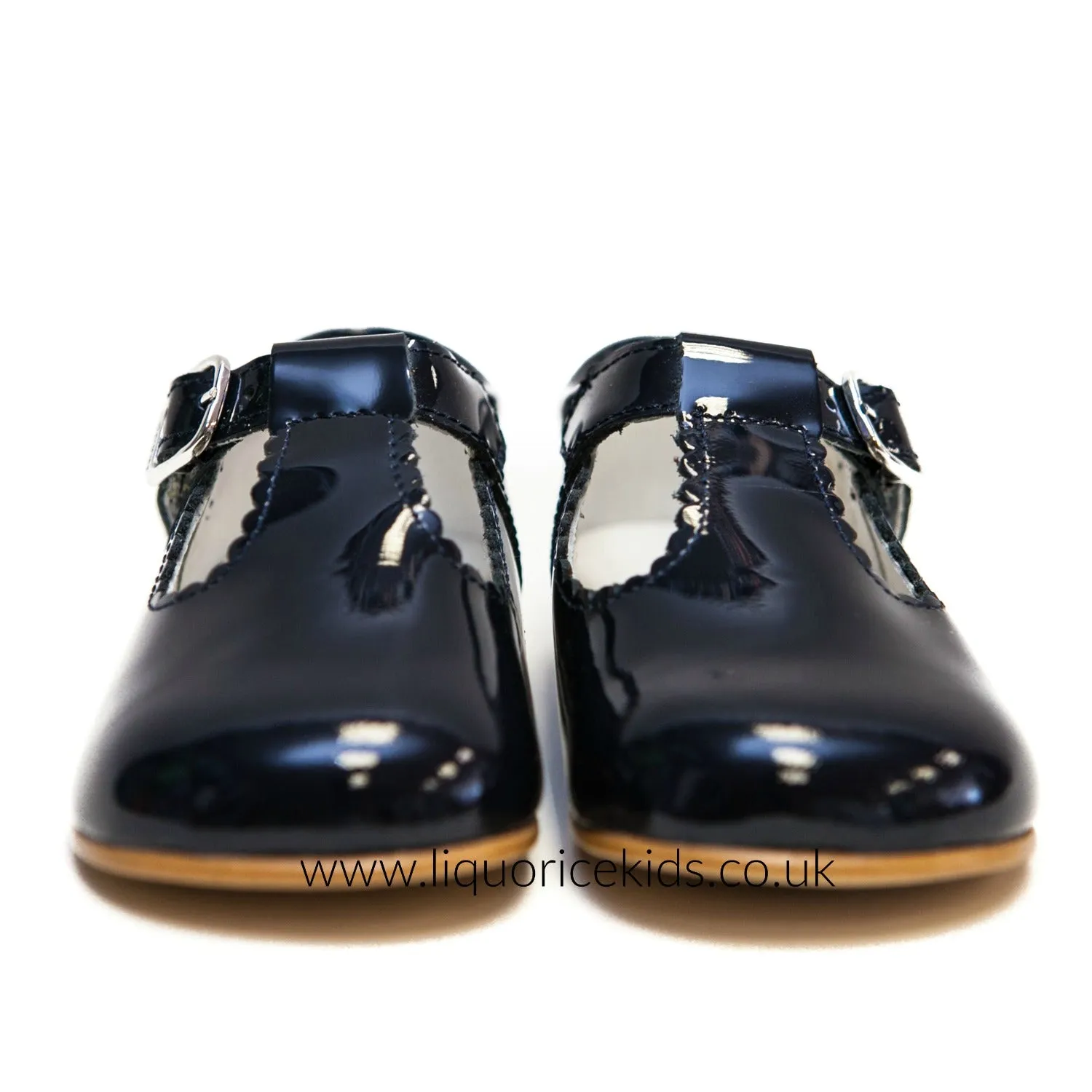 Andanines Patent Leather Navy T-Bar with Scallop Edging