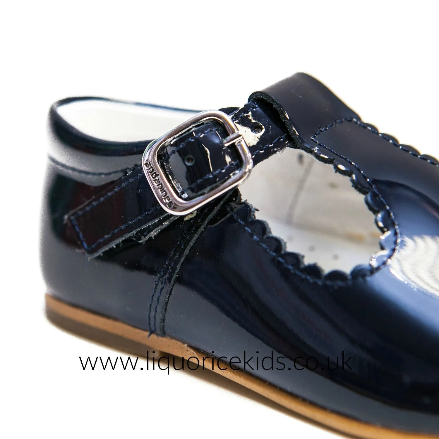 Andanines Patent Leather Navy T-Bar with Scallop Edging