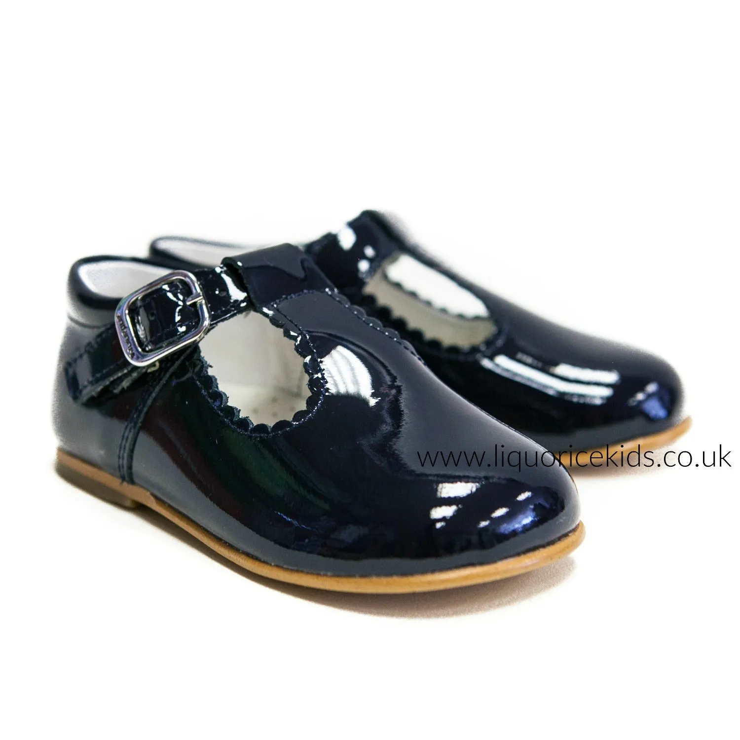 Andanines Patent Leather Navy T-Bar with Scallop Edging