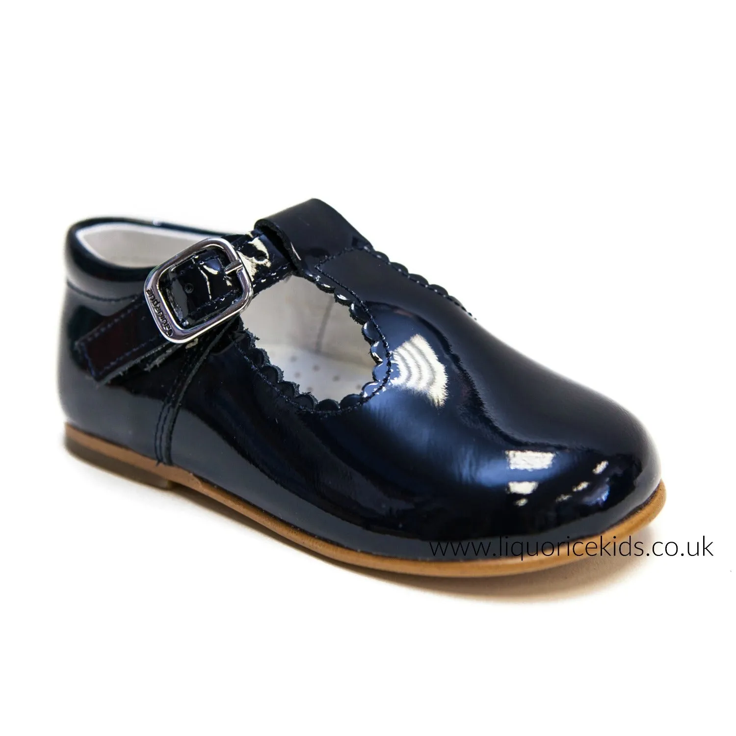 Andanines Patent Leather Navy T-Bar with Scallop Edging