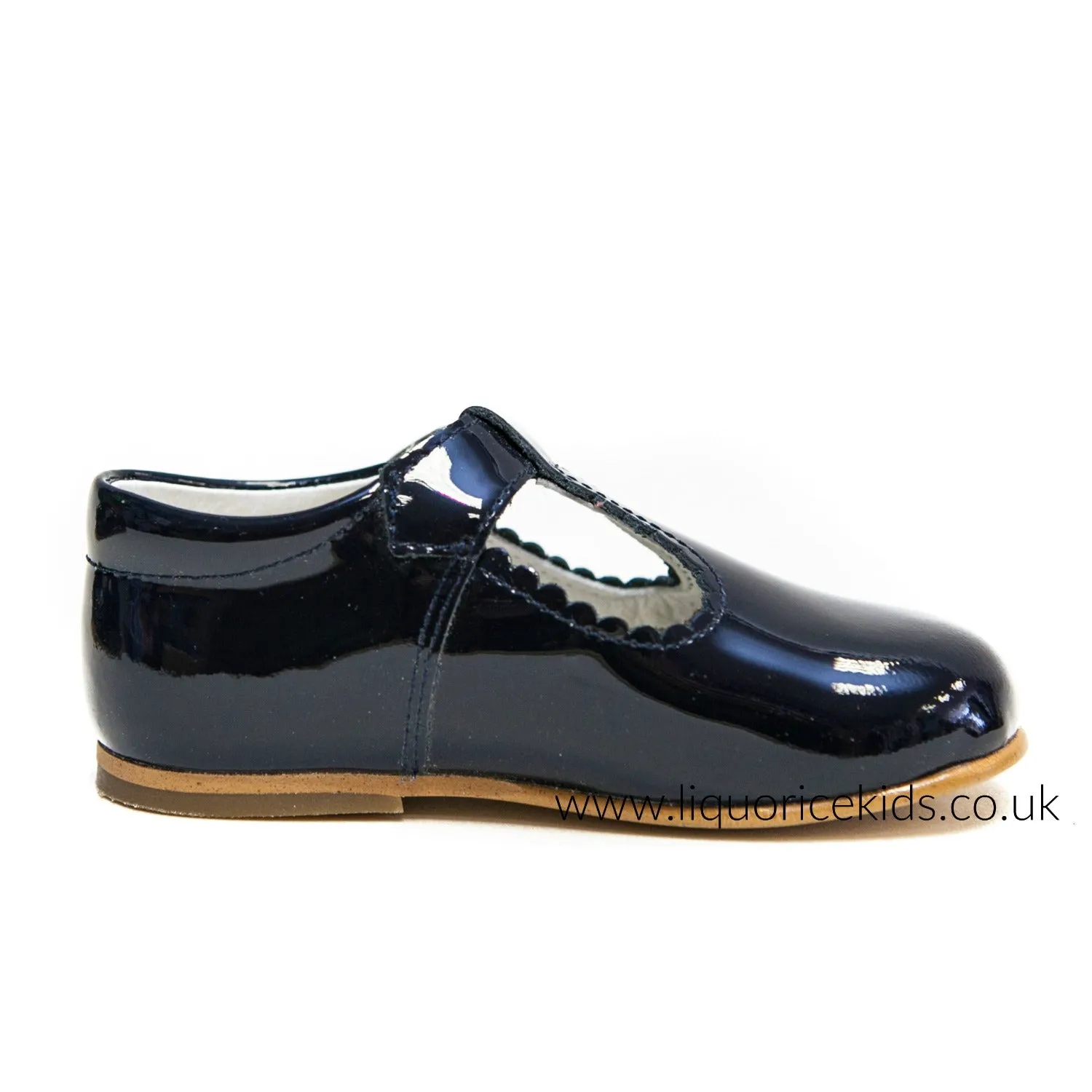 Andanines Patent Leather Navy T-Bar with Scallop Edging