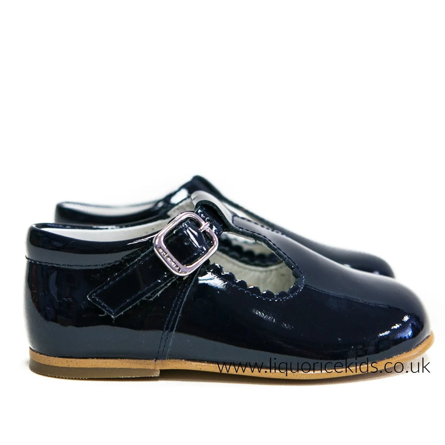 Andanines Patent Leather Navy T-Bar with Scallop Edging