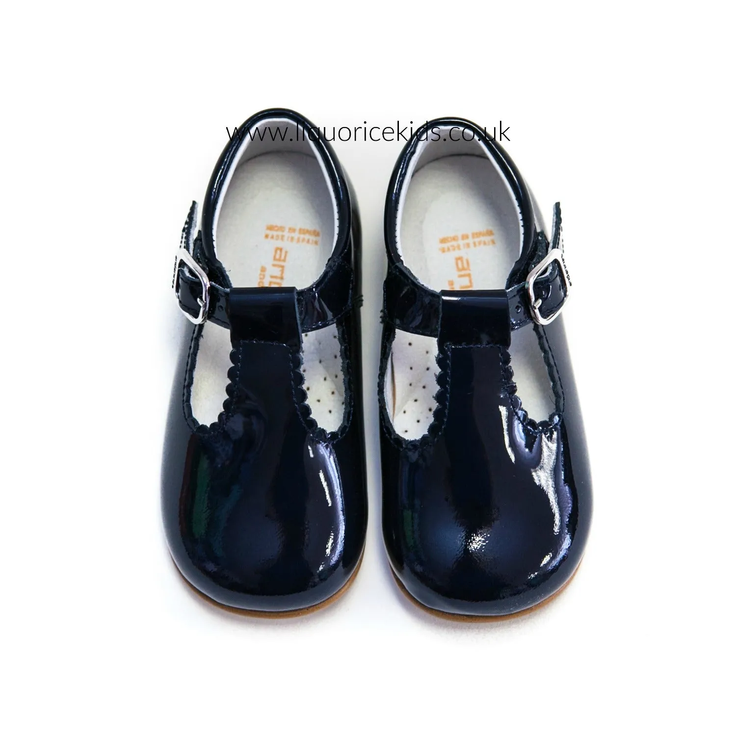 Andanines Patent Leather Navy T-Bar with Scallop Edging