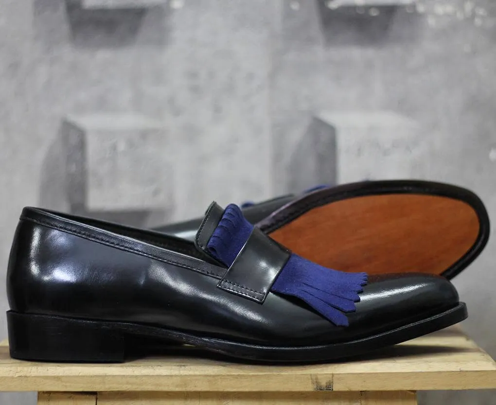 Bespoke Black Leather Fringe Penny Loafer for Men's