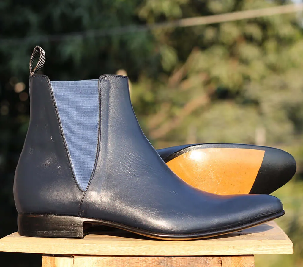 Bespoke Navy Blue Chelsea Leather Boot