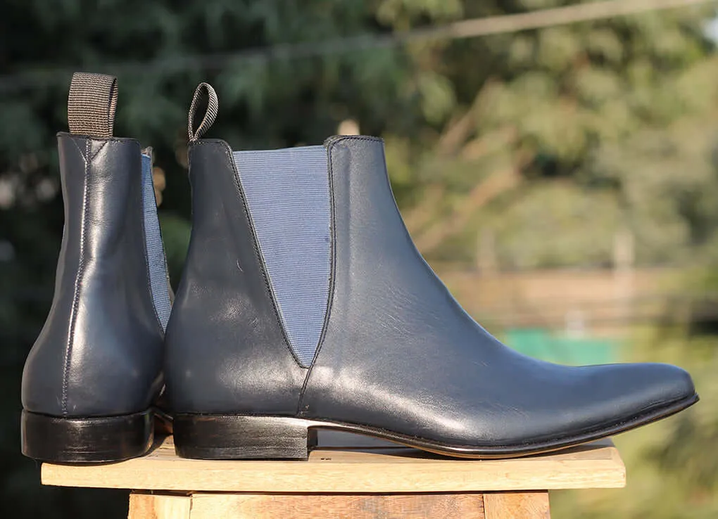 Bespoke Navy Blue Chelsea Leather Boot