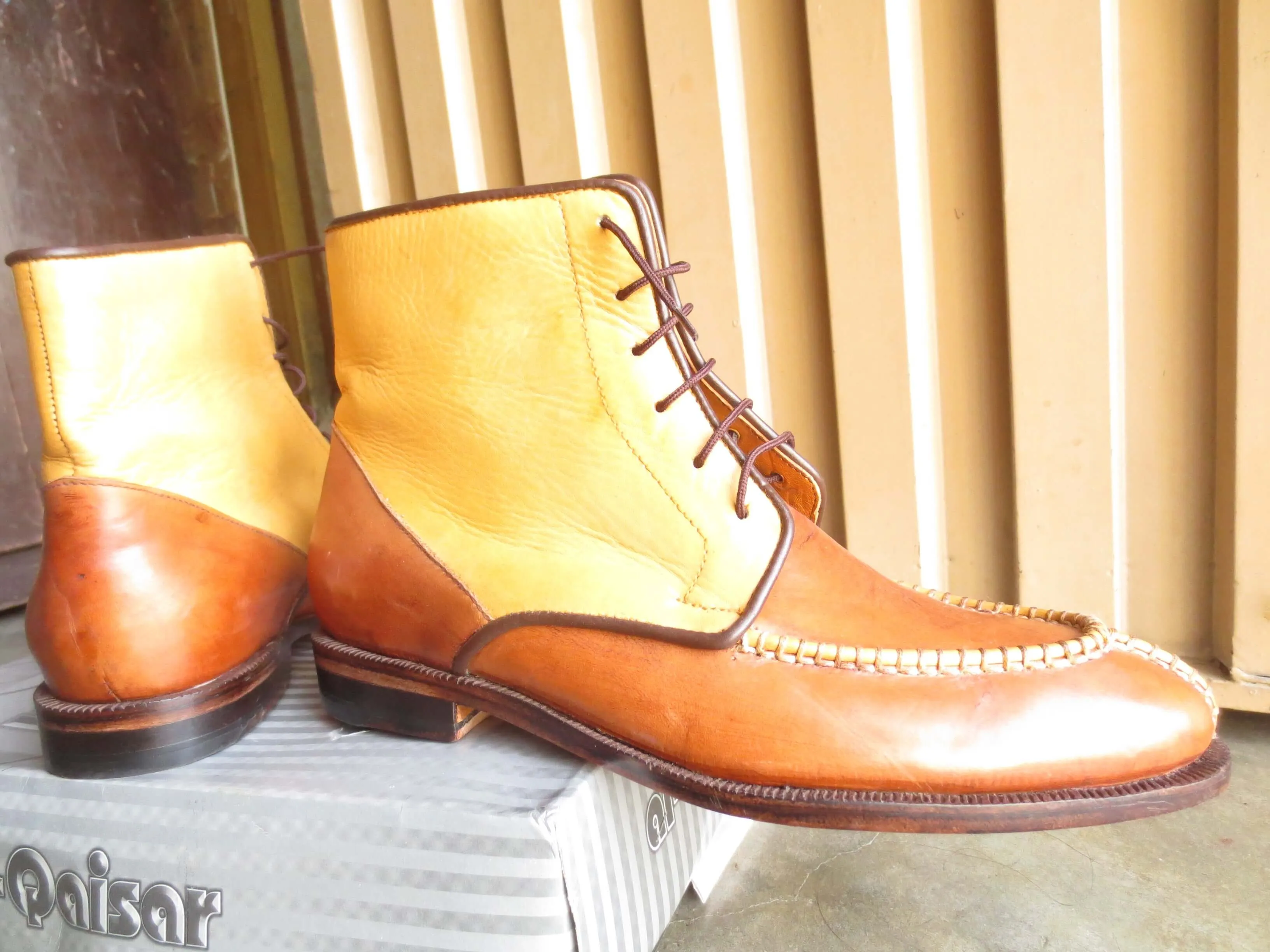 Bespoke Yellow Tan Lace Up Leather Boots