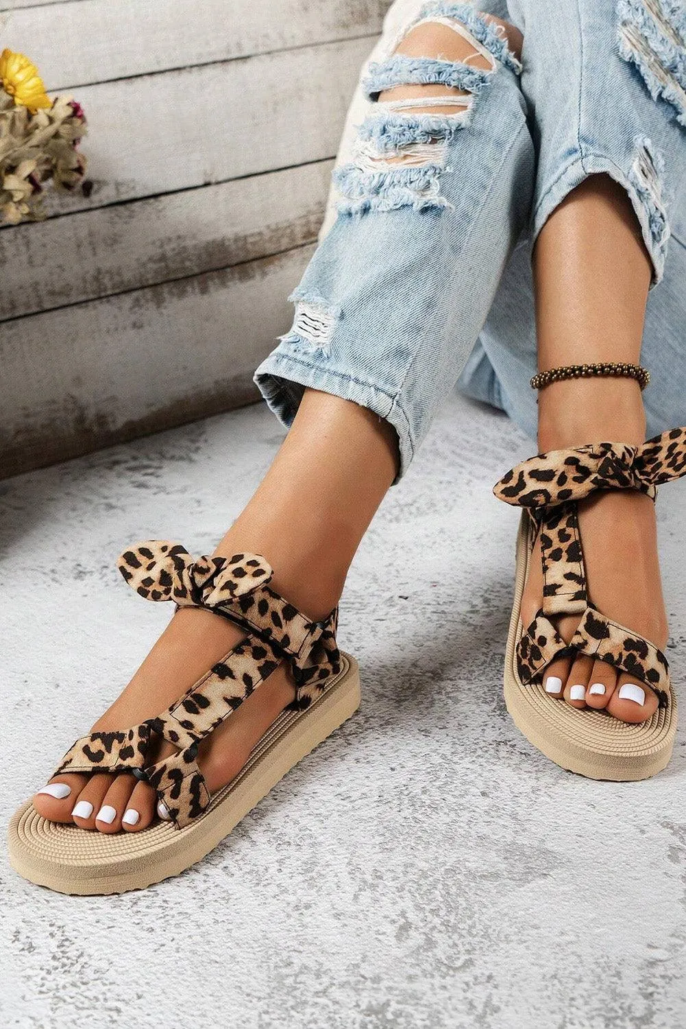 Brown Leopard Pattern Bow Decor Thick Sole Sandals