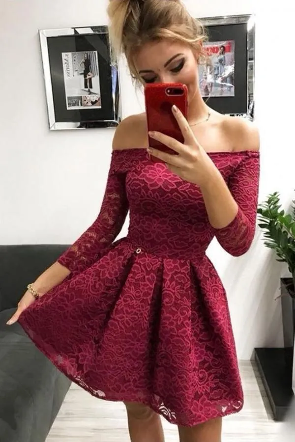 Burgundy Lace Off-the-Shoulder Long Sleeves Homecoming Dresses  PD338