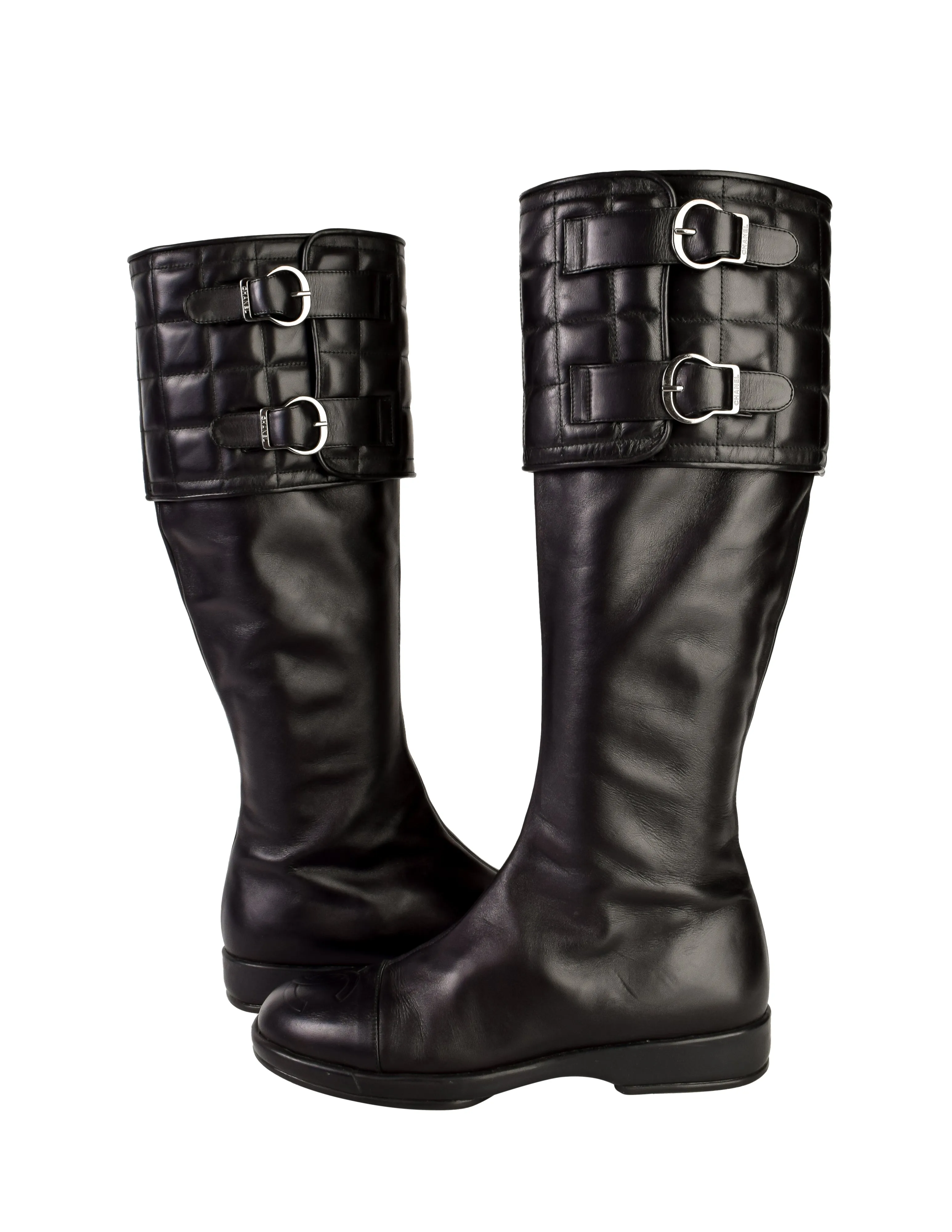 Chanel Vintage Black Leather CC Logo Chocolate Bar Quilted Knee High Boots