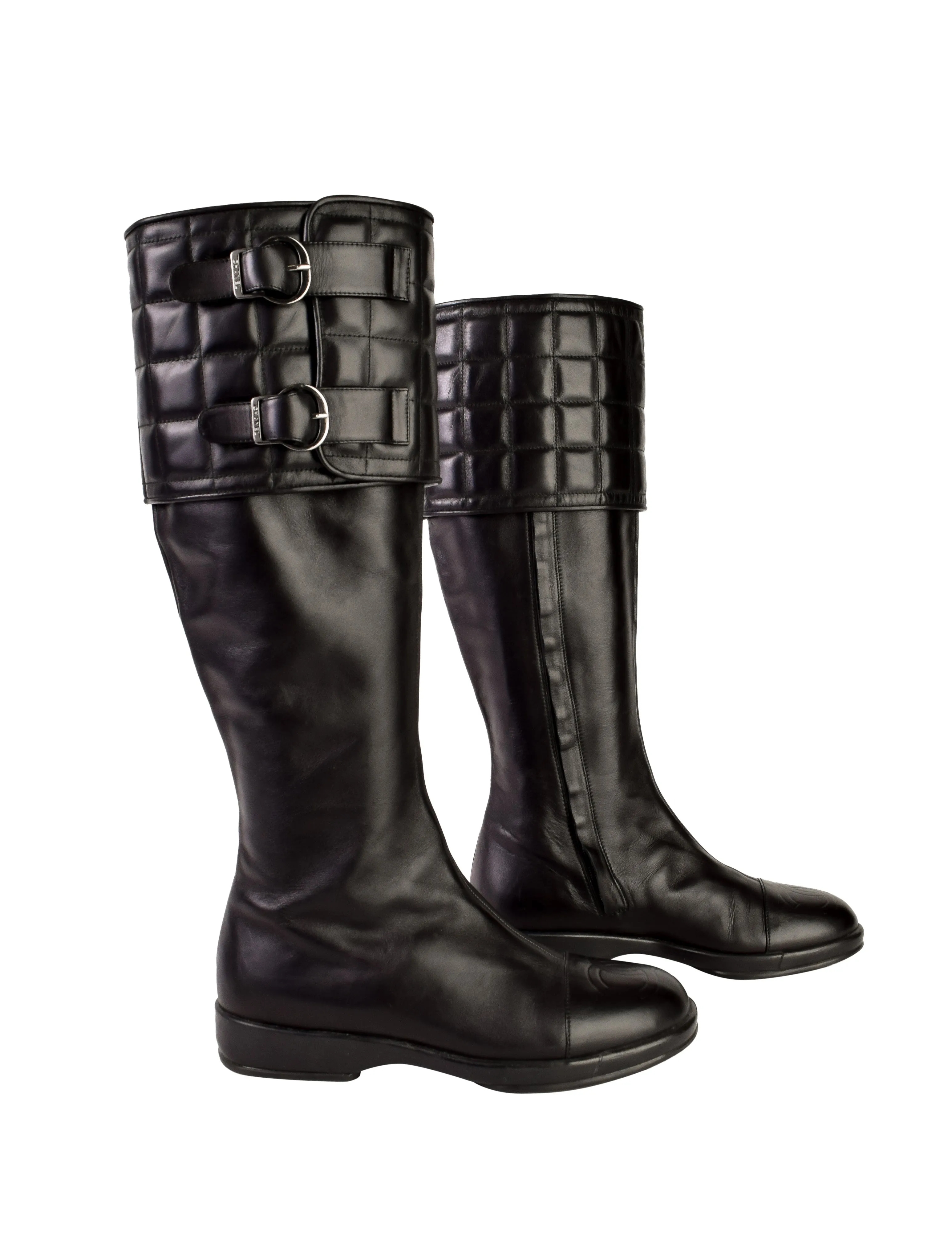 Chanel Vintage Black Leather CC Logo Chocolate Bar Quilted Knee High Boots