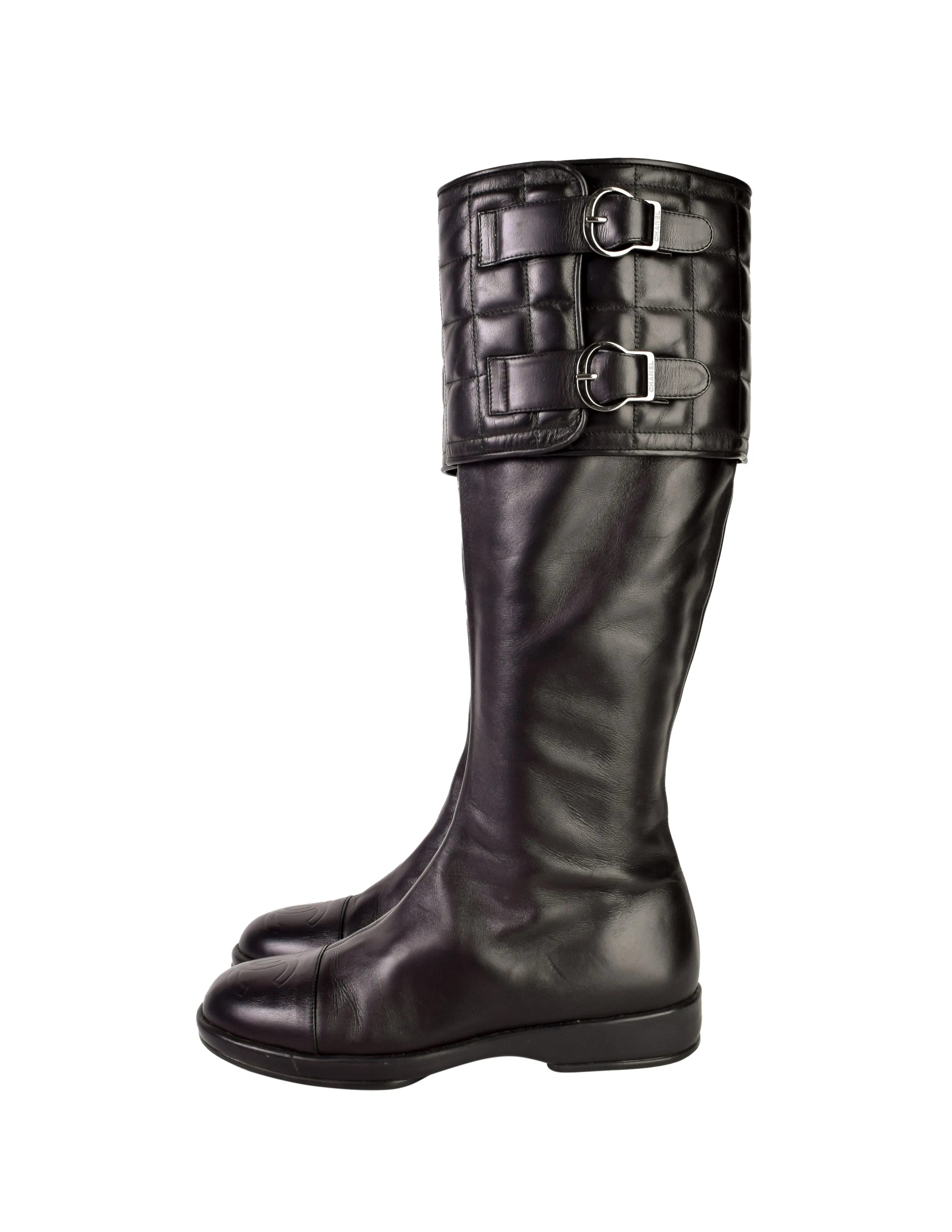 Chanel Vintage Black Leather CC Logo Chocolate Bar Quilted Knee High Boots