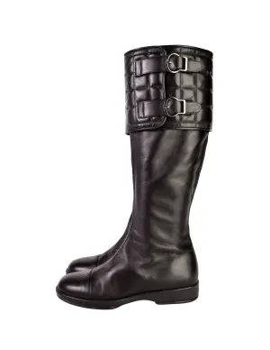 Chanel Vintage Black Leather CC Logo Chocolate Bar Quilted Knee High Boots