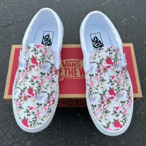 Classic Vintage Floral Pattern - Custom Vans White Slip On Shoes - Custom Vans Shoes