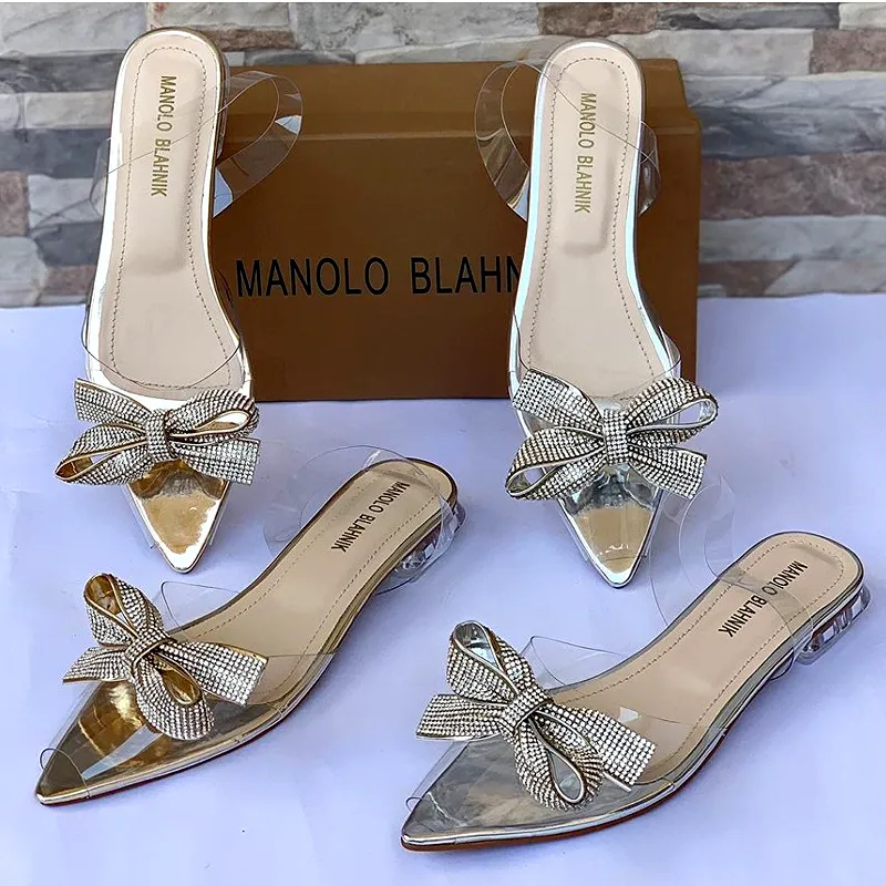 Clear Slingback Rhinestones Bow Transparent Flats-1008