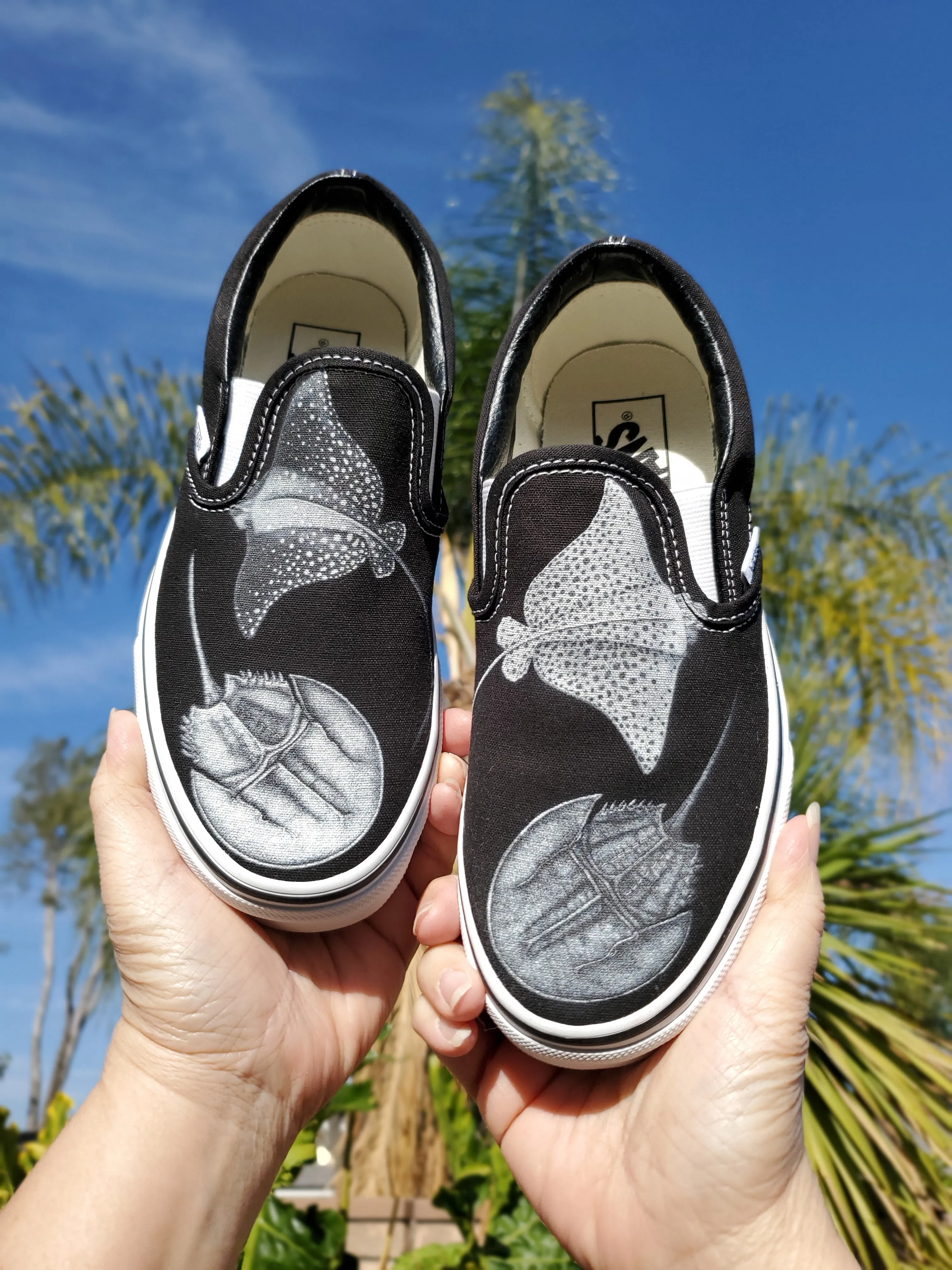 Custom Vans Shoes - Day and Night Slip On Vans - Black Or White Vans