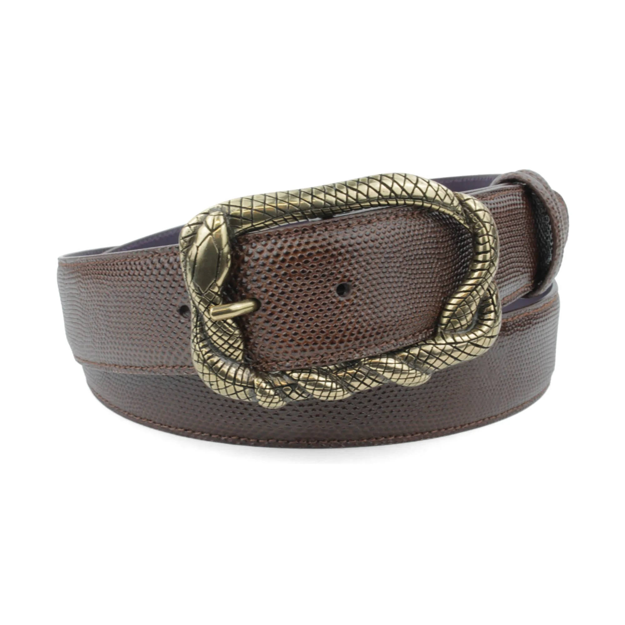 Dark Brown Carung Texture Snake Prong Belt