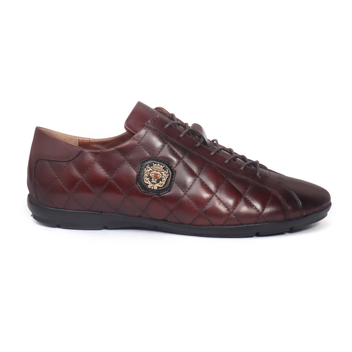 Dark Brown Leather Sneakers with Diamond Stitched Pattern