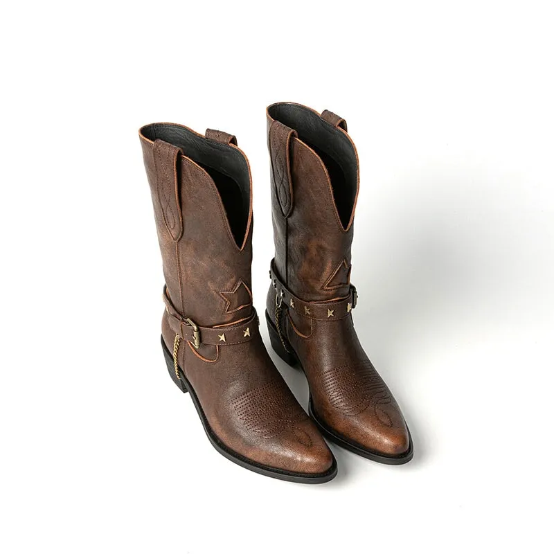 Embroidered Rivet Western Boots Mid Calf Boots Block Heel - Black/Brown Cowgirl Boots All Genuine Leather