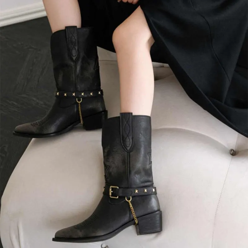 Embroidered Rivet Western Boots Mid Calf Boots Block Heel - Black/Brown Cowgirl Boots All Genuine Leather