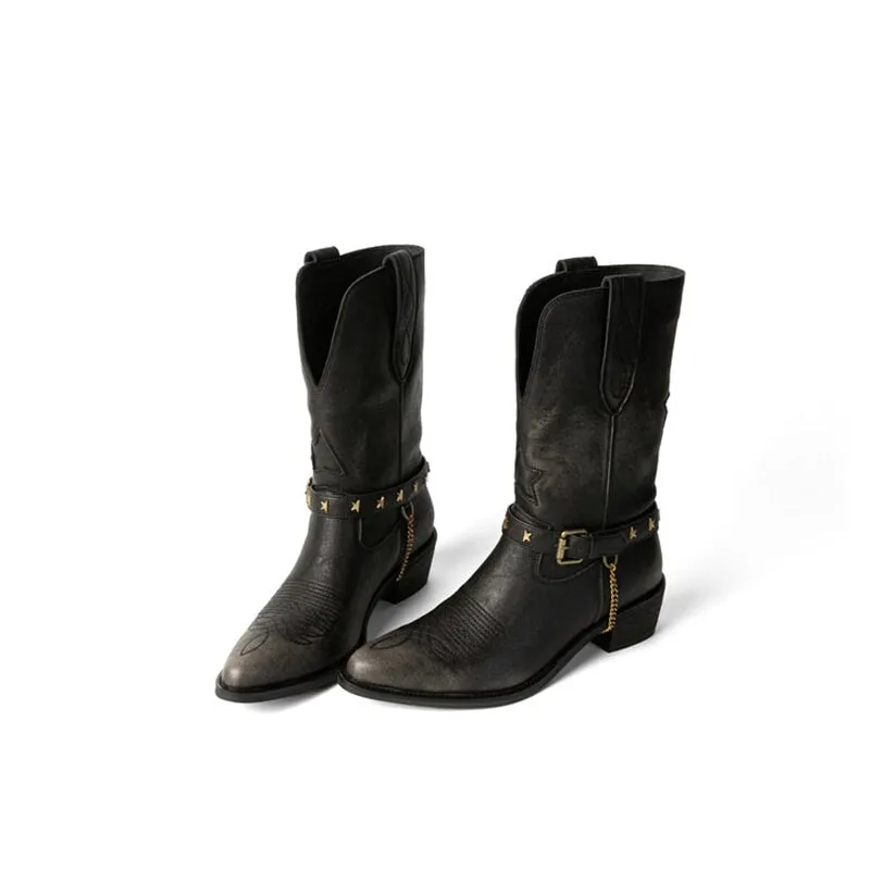 Embroidered Rivet Western Boots Mid Calf Boots Block Heel - Black/Brown Cowgirl Boots All Genuine Leather