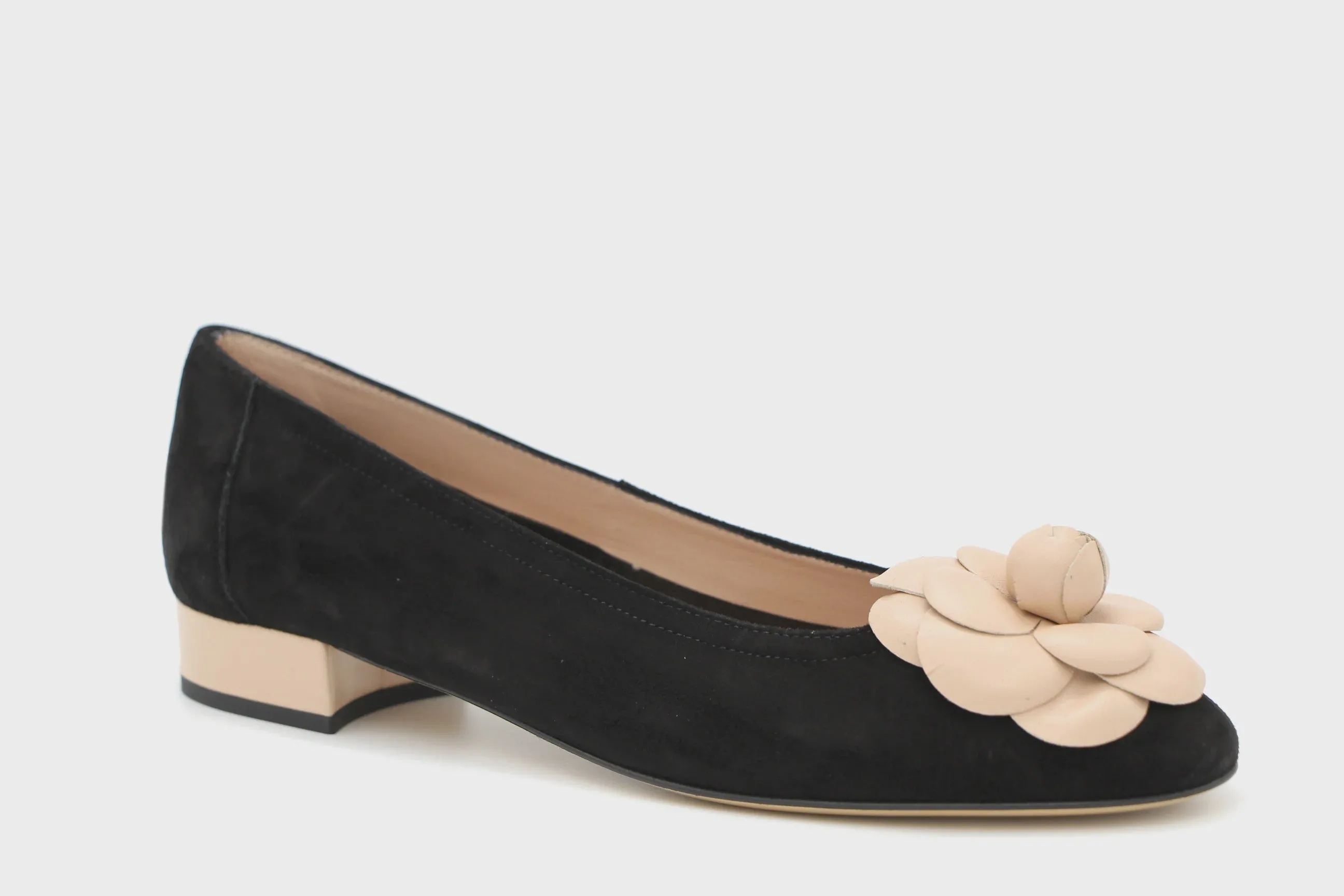 FABUCCI Black Suede Ballet Flat with contrast Flower