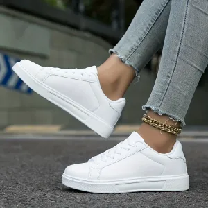 Fall Aesthetic White Faux Leather Soft Bottom Skate Shoes, Flat Wear Resistance Non Slip Preppy School Sneakers, Casual Versatile Lightweight Breathable Lace Up Sport Shoes