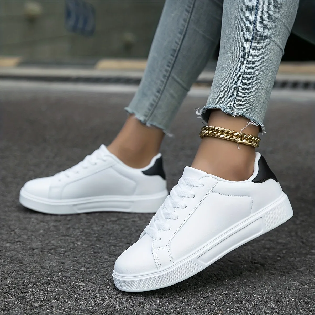 Fall Aesthetic White Faux Leather Soft Bottom Skate Shoes, Flat Wear Resistance Non Slip Preppy School Sneakers, Casual Versatile Lightweight Breathable Lace Up Sport Shoes