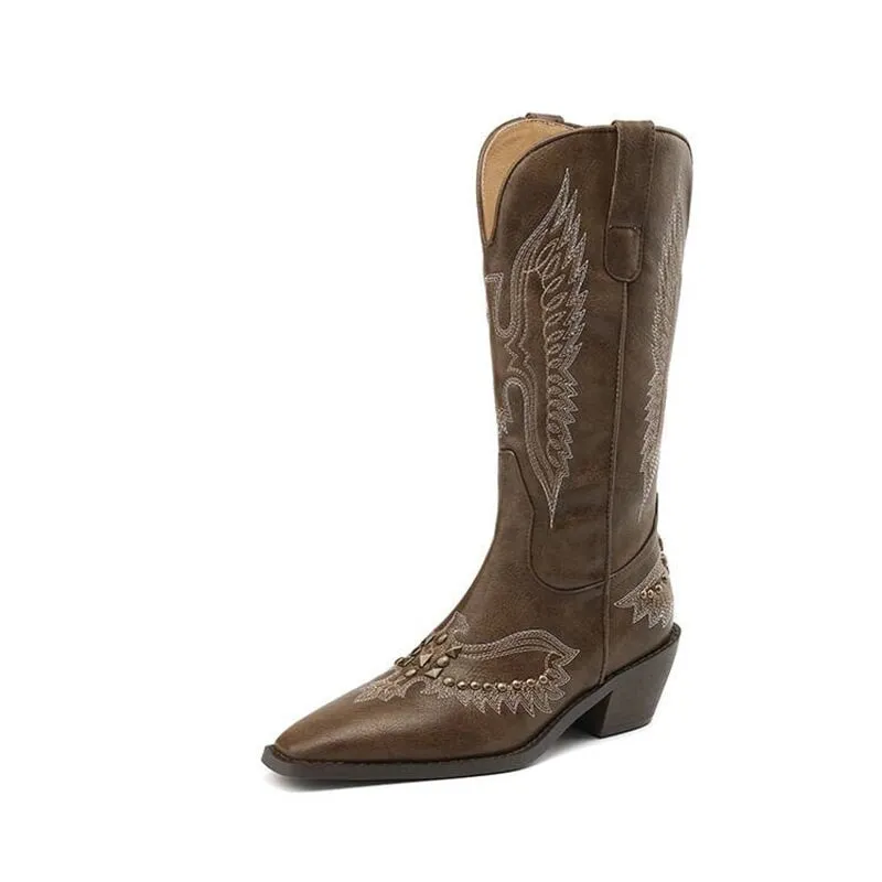 Fashion R Toe Western Boots For Women Embroidered Cowboy Boots In Black/Brown