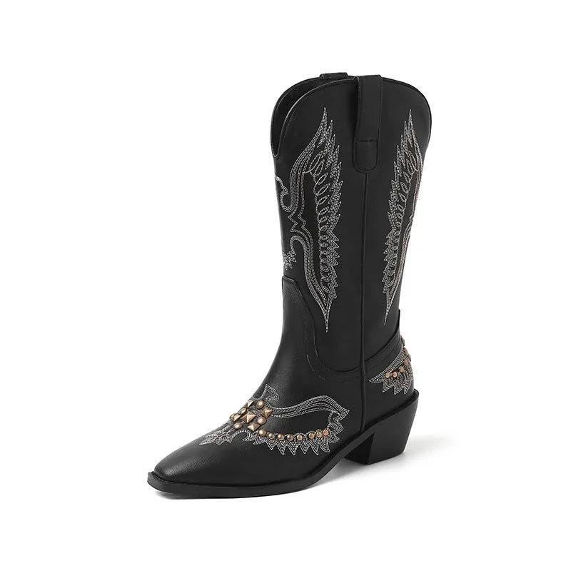 Fashion R Toe Western Boots For Women Embroidered Cowboy Boots In Black/Brown