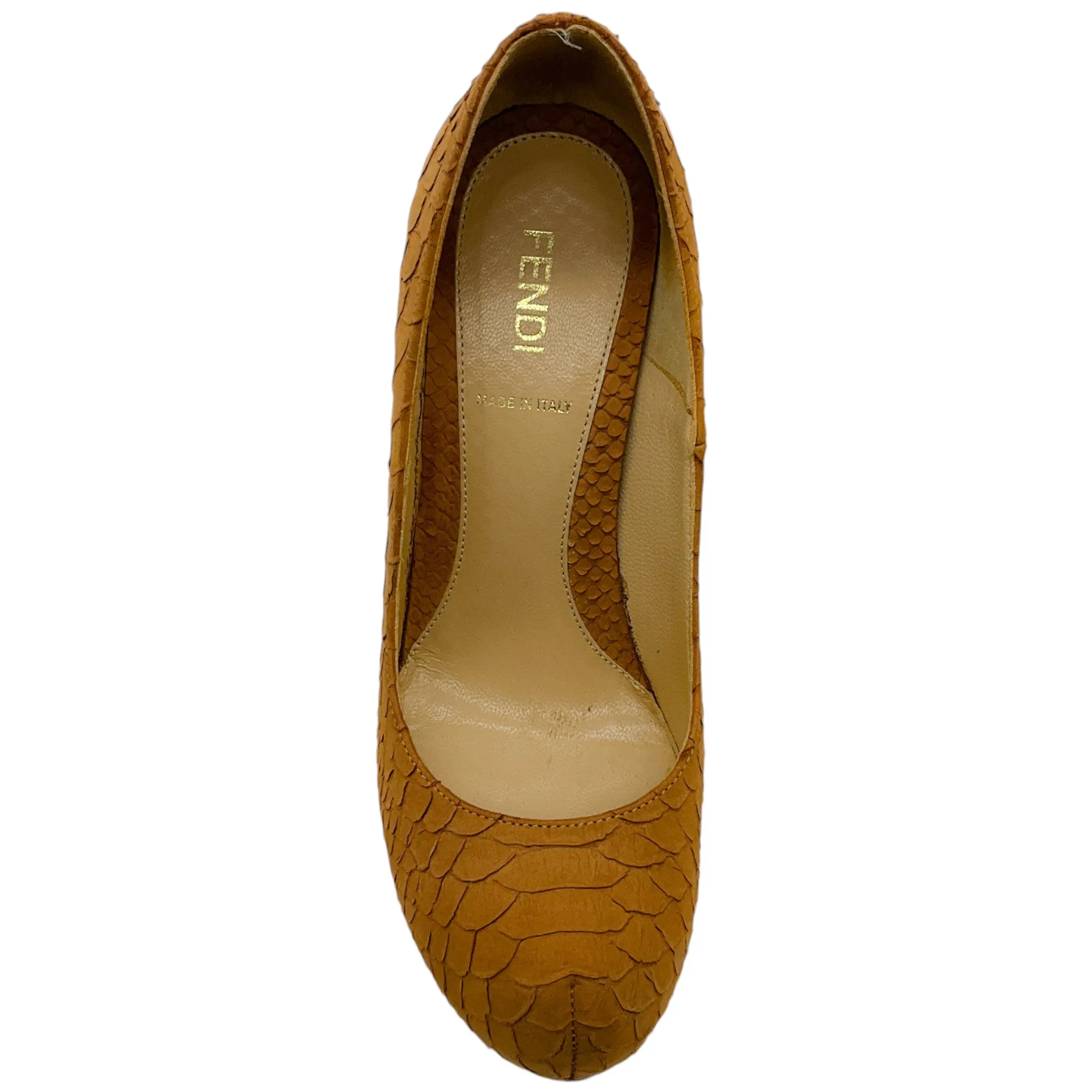 Fendi Tan Snake Pumps with Logo Heel