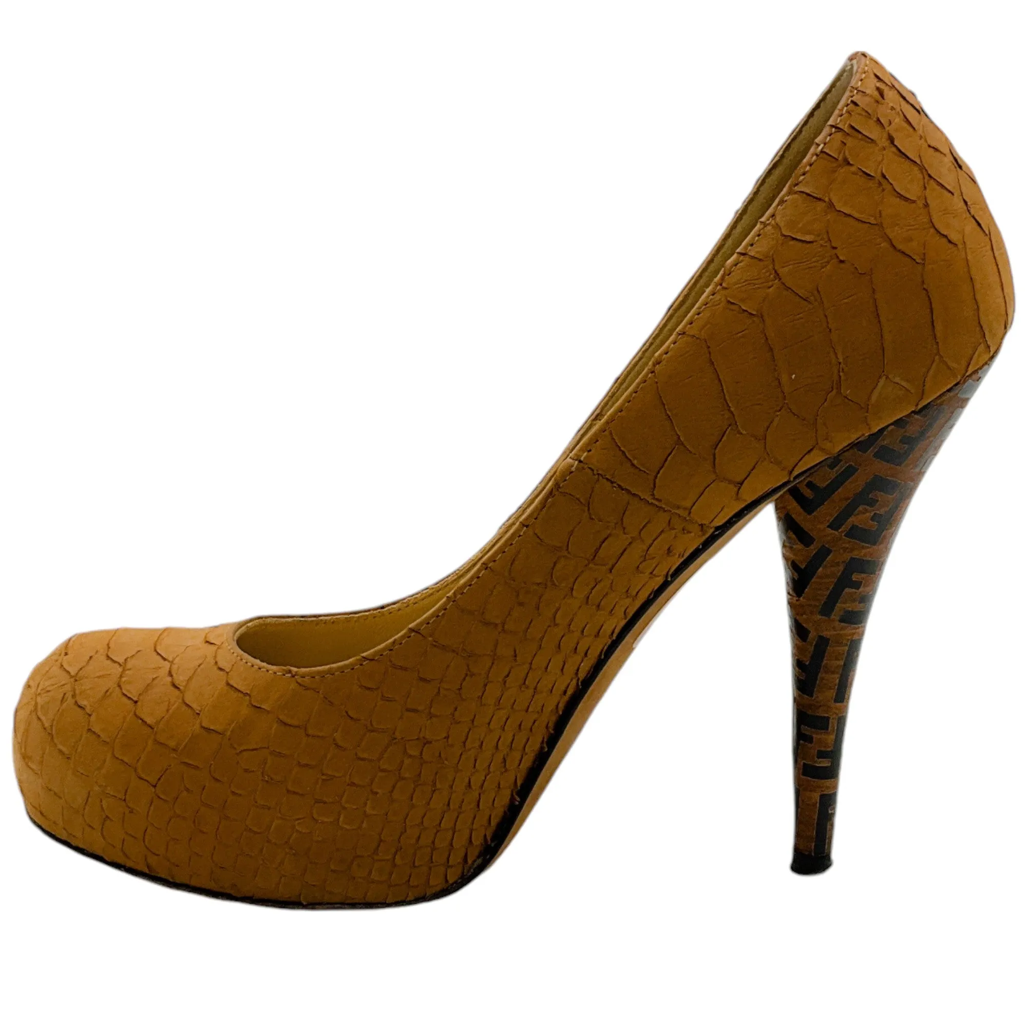 Fendi Tan Snake Pumps with Logo Heel