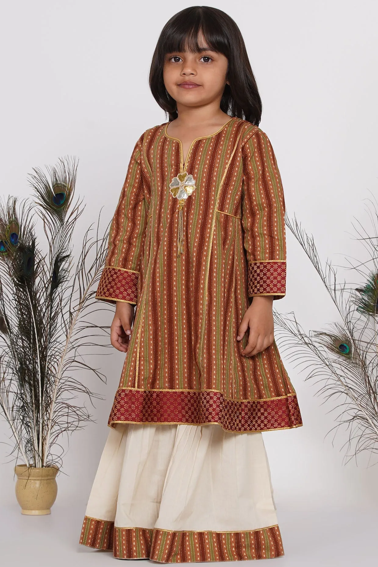 Girl's Cotton Jaipuri Princecut Kurta Frock With Sharara And Dupatta - Brown And Cream - Little Bansi Girls