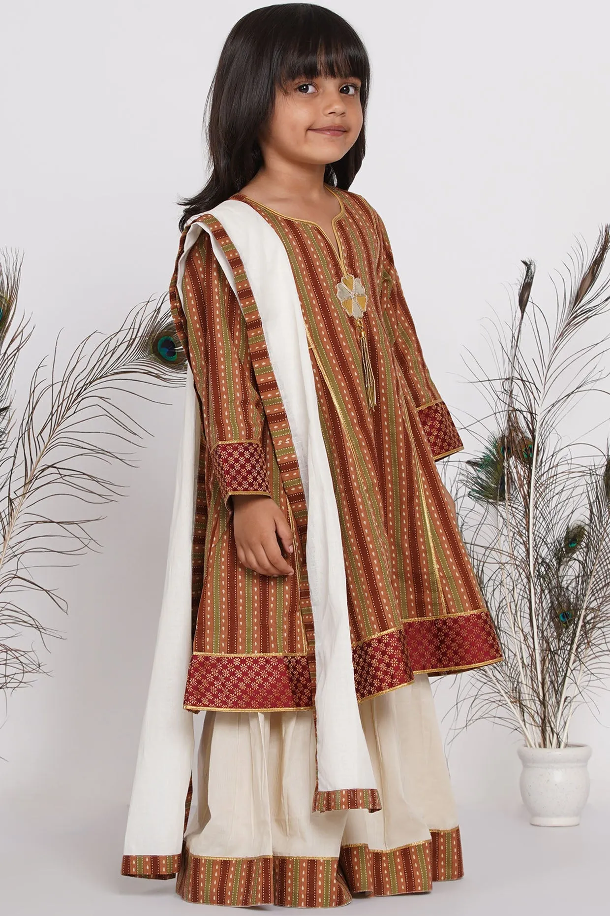 Girl's Cotton Jaipuri Princecut Kurta Frock With Sharara And Dupatta - Brown And Cream - Little Bansi Girls