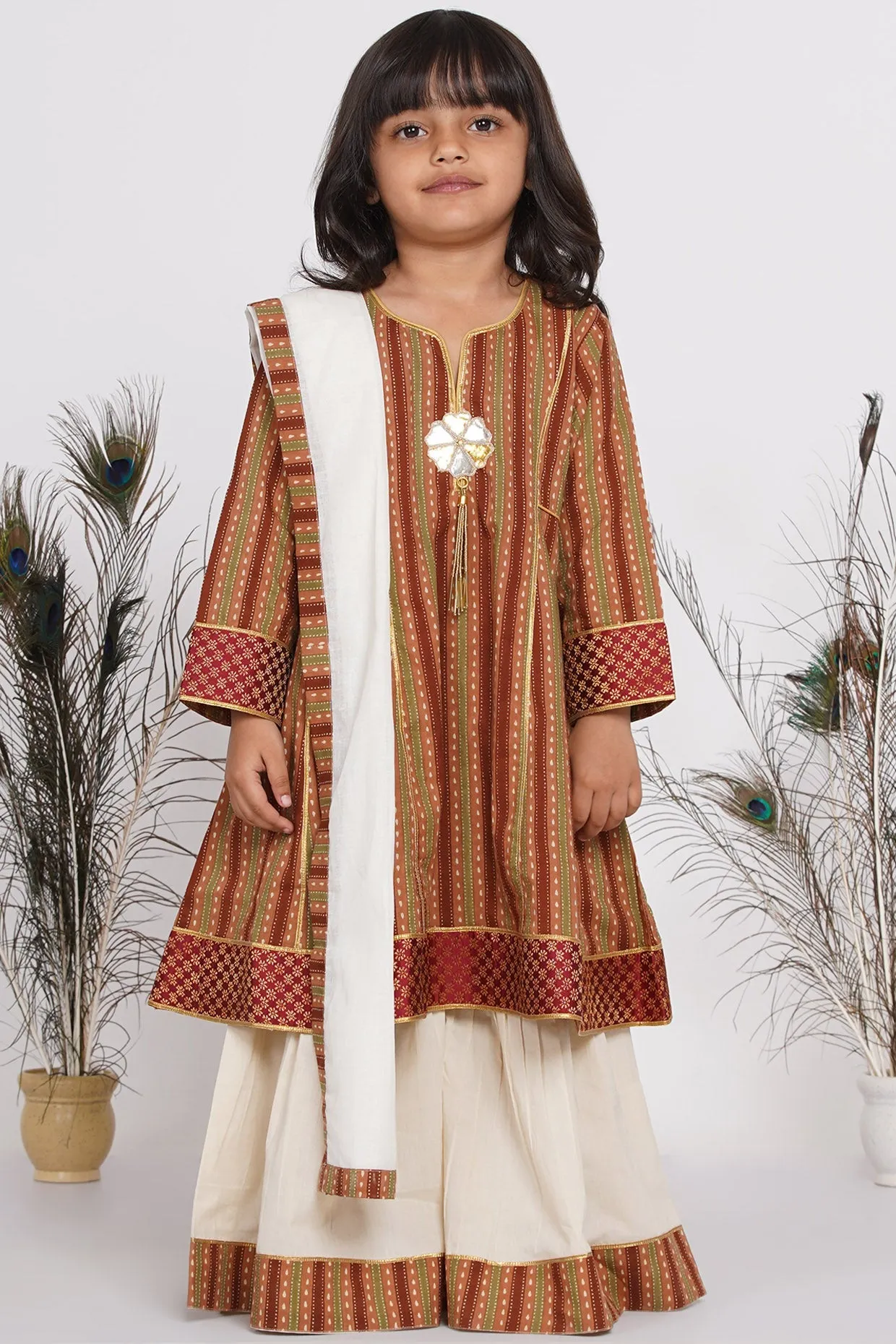 Girl's Cotton Jaipuri Princecut Kurta Frock With Sharara And Dupatta - Brown And Cream - Little Bansi Girls