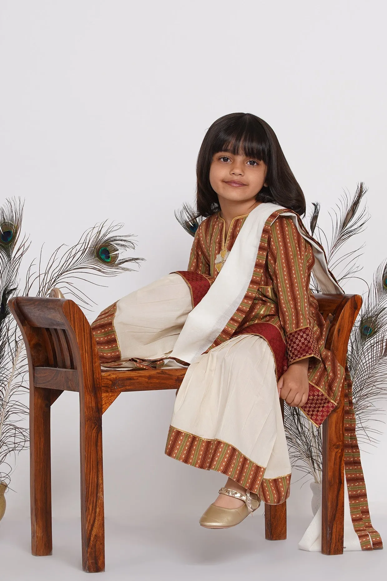 Girl's Cotton Jaipuri Princecut Kurta Frock With Sharara And Dupatta - Brown And Cream - Little Bansi Girls